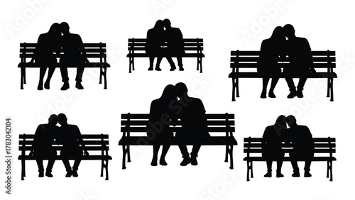 Romantic couple silhouettes on benches isolated on white background, Vector