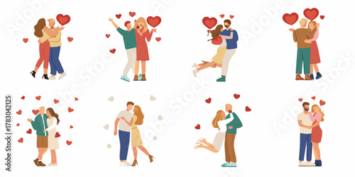 Collection of diverse couples embracing and sharing romantic moments surrounded by hearts