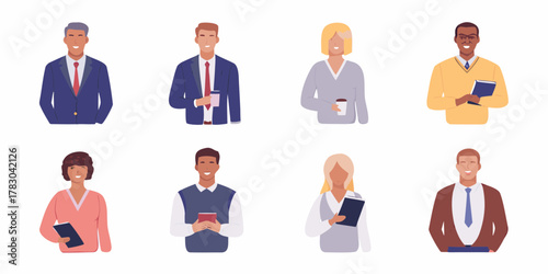 Diverse group of smiling business professionals in modern attire holding books and coffee cups