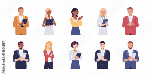 Diverse group of professional men and women in business attire holding documents and tablets