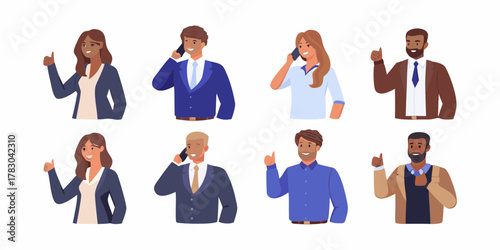 Diverse group of business professionals making phone calls and giving thumbs up gestures