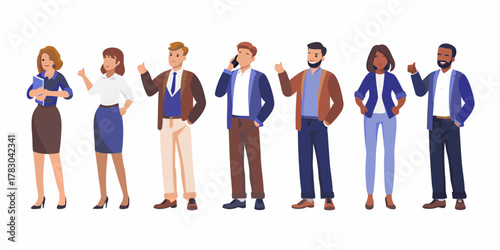 Diverse group of business professionals standing together with confident expressions and positive gestures