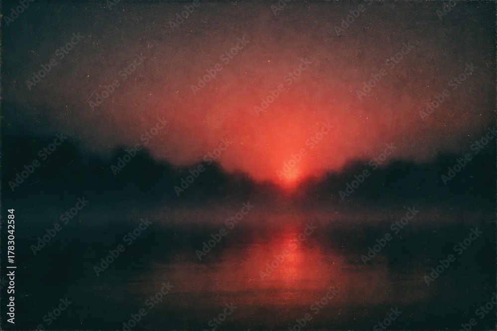 Naklejka premium Ethereal sunrise over a misty lake with dark silhouetted trees and a vibrant red glow dawn