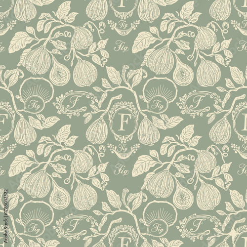 🌿 Vintage Botanical Fig Pattern with Engraving Style and Elegant Frame Monograms (Vector SVG) - Classic Fruit Design for Fabric and Wallpaper in Sage Green and Beige