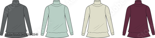 Four diverse colored turtlenecks showcasing a detailed fashion illustration