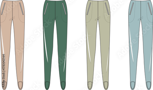 Four pairs of fashionable jogger pants displayed in a line on a plain background
