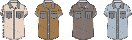 Various colored casual short-sleeved shirts with pockets, apparel, design for fashion, clothes