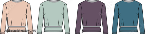 Four different colors of long-sleeved crewneck tops with banded waists, presented flat against a white background
