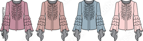 Fashion illustration of four women's jackets with ruffled sleeves in various pastel colors