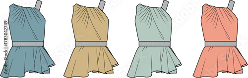 Stylish illustrations of contemporary one-shoulder women's blouses, showcasing elegant ruched detailing, a flattering silhouette, and playful ruffled hems in a variety of fashionable solid colors