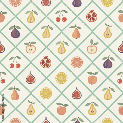 Charming Seamless Vector SVG Pattern: Hand-Drawn Fruit Medley with Vintage Style Diagonal Lattice Grid Background – Perfect for Kitchen Decor, Packaging, and Summer Textile Print Design
