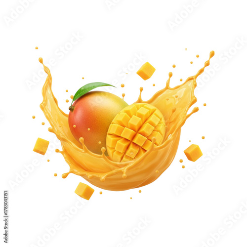 Mango with splash and cubes isolated on transparent background