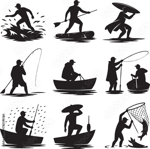 Black silhouette illustrations of water sports and fishing activities set