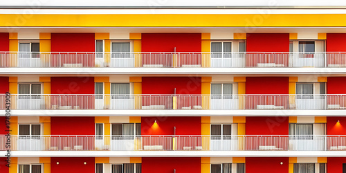 Vibrant hotel facade with red walls white balconies and yellow accents showcasing architectural symmetry
