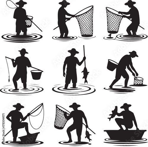 Fisherman silhouettes engaged in diverse fishing activities with nets and rods