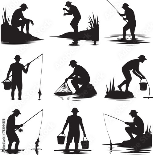 Fishing Silhouette Vector Set of Fisherman in Various Poses and Styles