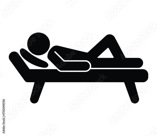 Stick Figure Relaxing on Lounge Chair: Vacation, Rest, and Leisure Activity Pictogram.