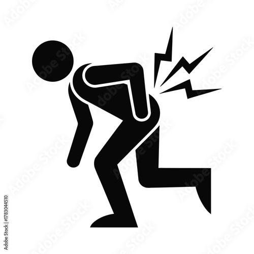 Back Pain Stick Figure Icon: Injury, Health, and Lumbar Pain Warning Symbol Graphic.