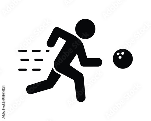 Dynamic Bowling Icon: Man Rolling Ball, Fast Action Strike Symbol, Sport Logo Vector.