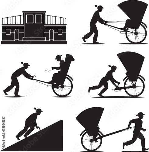 Rickshaw Illustration Set in Black and White with Building Silhouette