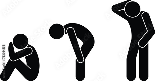 Distressed Stick Figure Set: Sadness, Exhaustion, Headache, and Anxiety Pictograms.