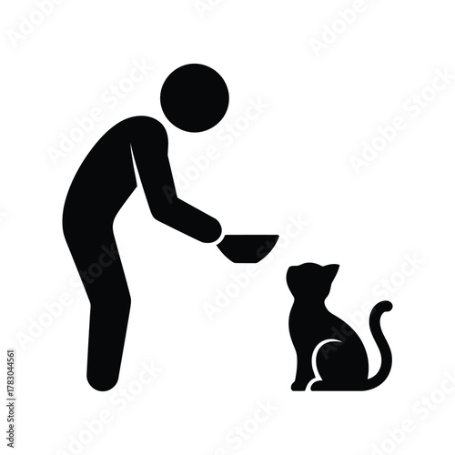 Person Feeding Cat Icon: Pet Care, Animal Love, and Domestic Animal Pictogram Symbol.