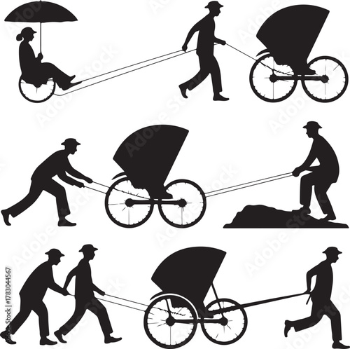 Rickshaw pullers in various poses transportation and travel silhouette set