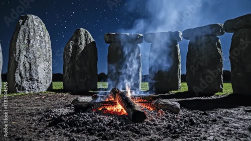 Stonehenge at night features standing stones encircling a fire beneath a starry sky