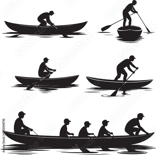 Rowing boat silhouettes showcasing different positions and rowing styles