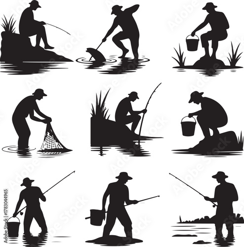 Silhouette Collection of Fishermen in Various Poses by the Water