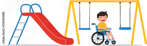 A child in a wheelchair plays on a playground with a swing set and slide.