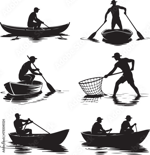 Silhouette Collection of People in Boats Fishing and Paddling on Water
