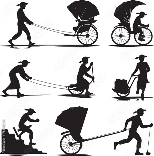 Silhouette Collection of Rickshaw Pullers and Carts with Detailed Renderings
