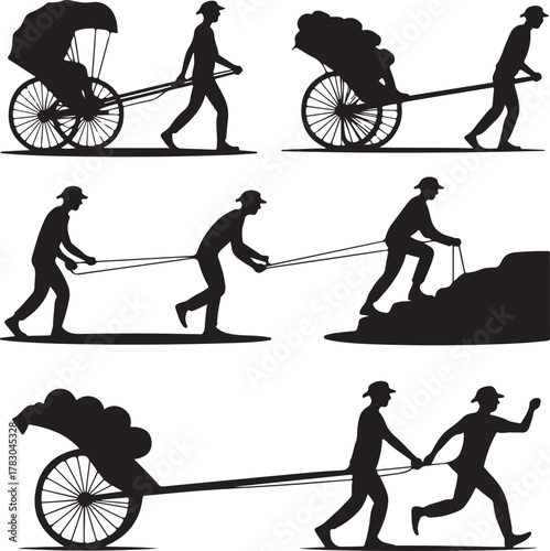 Silhouette Illustration Depicting the Various Tasks and Struggles of Rickshaw Pullers