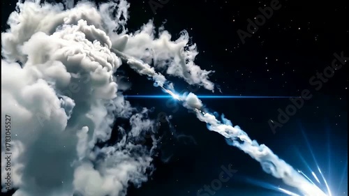 Dynamic Cosmic Energy Burst: Bright Blue Light Trail and Voluminous White Smoke Plumes Against a Starry Space Background, Abstract Illustration of ...