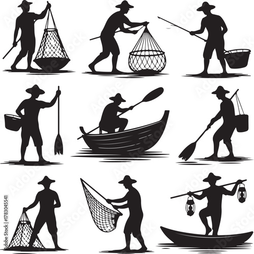 Silhouette illustrations of asian fishermen doing different activities on the water