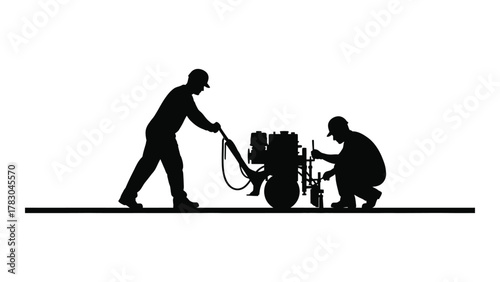 Construction workers operating machinery silhouette isolated on white background, Vector