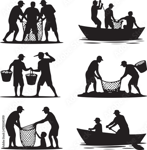 Silhouette images of fishermen harvesting seafood with nets and boats