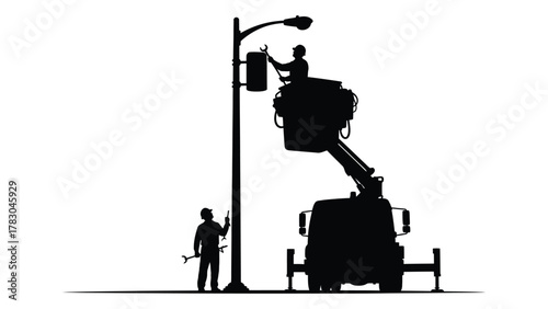 Street light maintenance silhouette isolated on white background, Vector