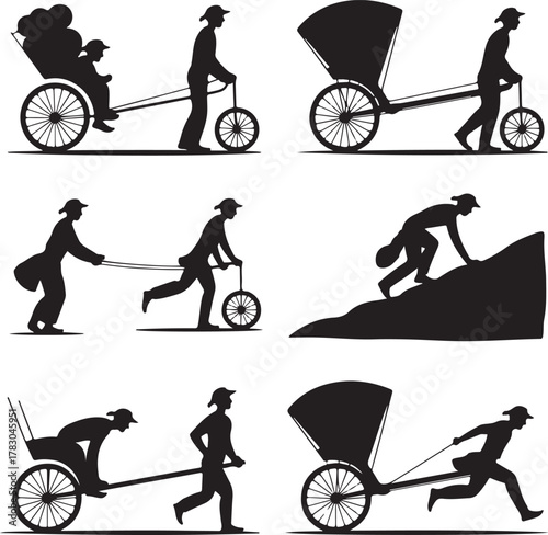 Silhouette illustrations of rickshaw pullers in various poses and situations graphic
