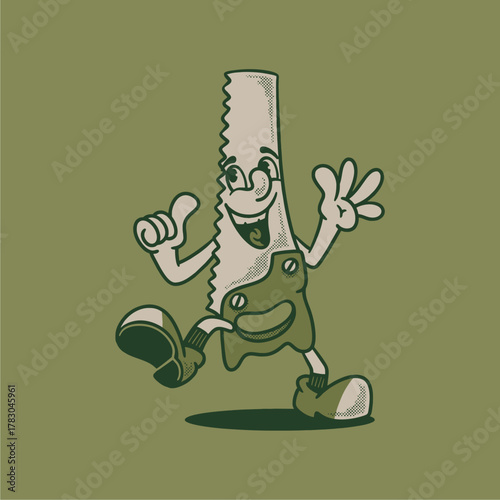 Groovy handsaw character in retro cartoon with happy face. Mascot, vector, icon, collection, sticker, vintage, illustration, set, funny, logo, comic, editable, 70's, worker tools, hand tools