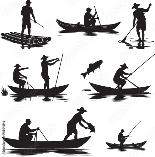 Silhouette of fishermen in boats and on rafts fishing and paddling