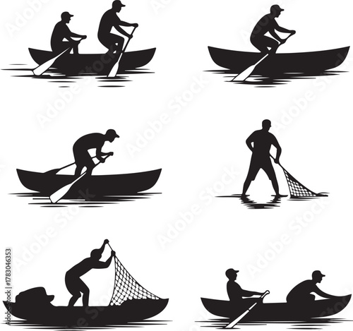 Silhouette of men in boats rowing and fishing on water vector