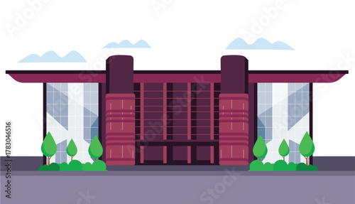 Modern office building exterior with glass windows. Corporate headquarters or business center facade. event building, landmark and iconic building concept. Flat vector cartoon illustration.