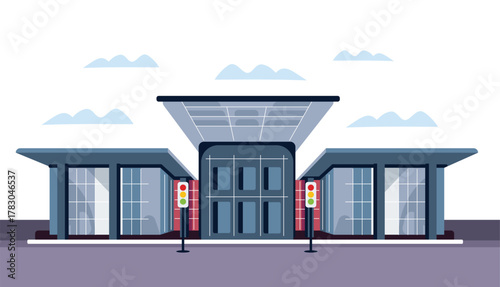 Modern office building exterior with glass windows. Corporate headquarters or business center facade. event building, landmark and iconic building concept. Flat vector cartoon illustration.