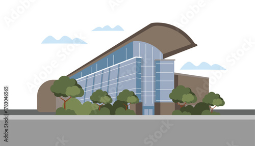 Modern office building exterior with glass windows. Corporate headquarters or business center facade. event building, landmark and iconic building concept. Flat vector cartoon illustration.