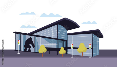 Modern office building exterior with glass windows. Corporate headquarters or business center facade. event building, landmark and iconic building concept. Flat vector cartoon illustration.