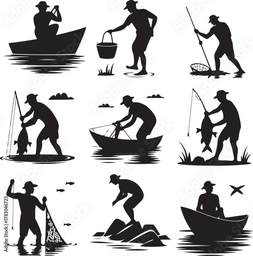 Silhouette vector collection of fishermen fishing in different ways and places