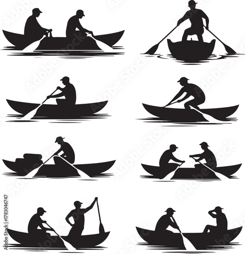 Silhouette rowing boat illustrations set of various person positions vector design