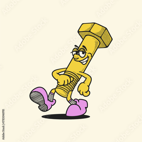 Groovy screw bolt character in retro cartoon with happy face. Mascot, vector, icon, collection, sticker, vintage, illustration, set, funny, logo, comic, editable, 70's, worker tools, hand tools